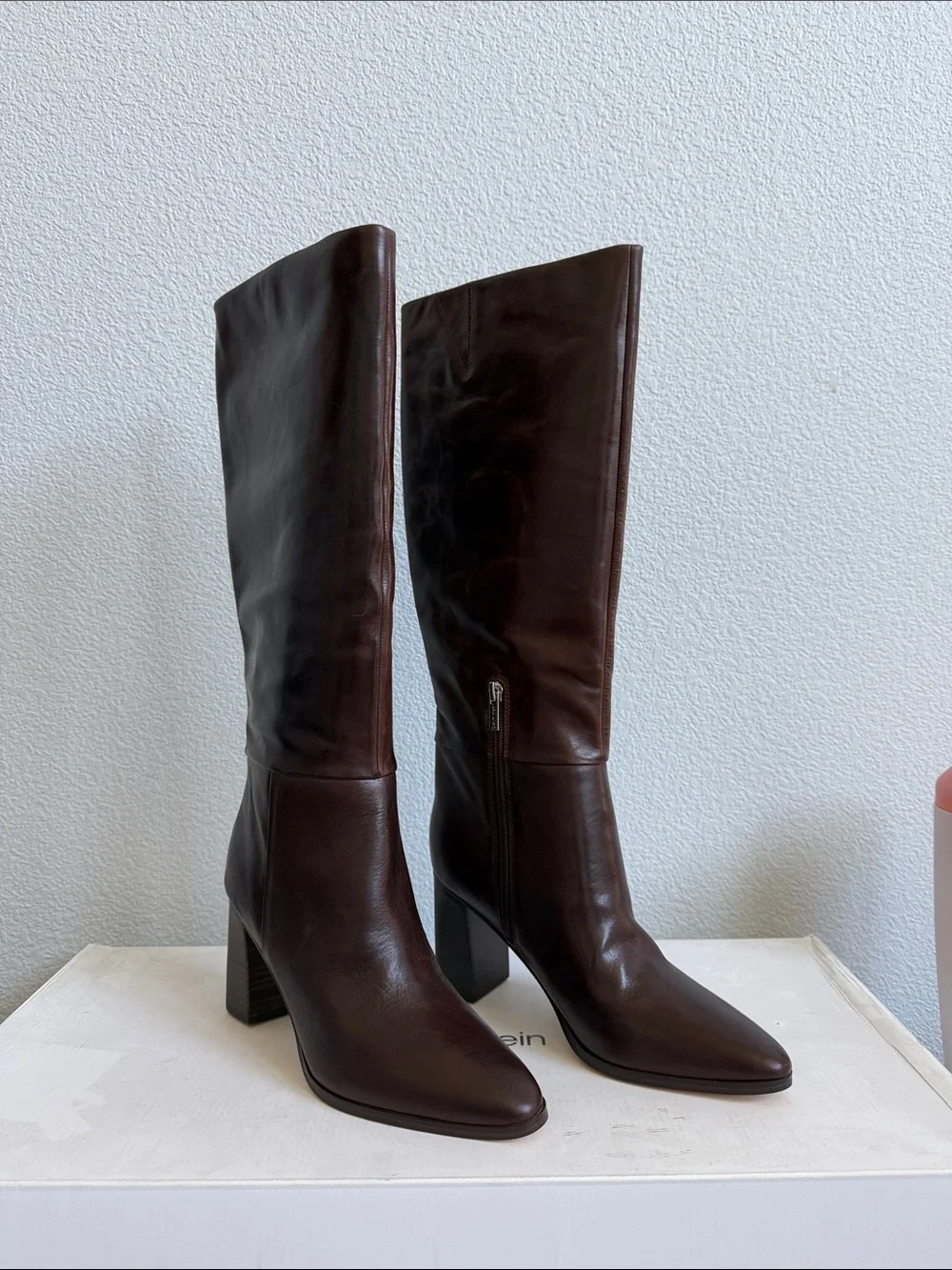 Calvin Klein Dawna Dark Brown Leather Over-the-Knee Boots NIB